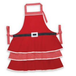 Red polka-dot apron with a black belt and white trim