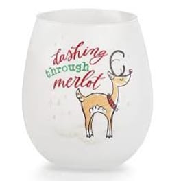 White stemless wine glass with a deer illustration and text