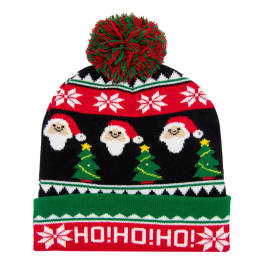 Christmas knit beanie with pom-pom and Santa pattern