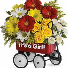 Flower arrangement in a red wagon with "It's a Girl!" text