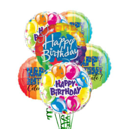 Cluster of colorful birthday balloons with "Happy Birthday" text