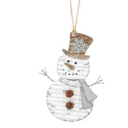 Snowman ornament with a top hat and scarf hanging by a cord