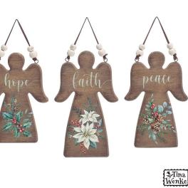 Three wooden angel ornaments labeled hope, faith, and peace