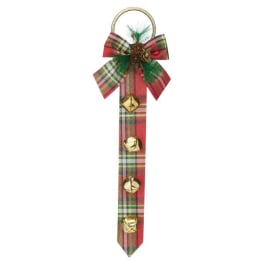 Plaid holiday ribbon decoration with gold bells and a bow