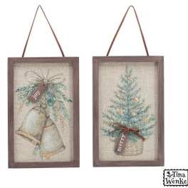 Two framed holiday wall hangings with bells and a small tree