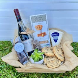 Gift basket with wine, cookies, crackers, cheese, and a small succulent