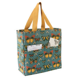Butterfly-patterned tote bag with tan handles and front pockets