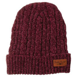 Maroon knit beanie hat with a folded cuff and small label