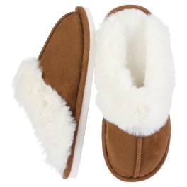 Pair of brown and white fuzzy slippers on a white background