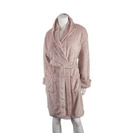 Pink plush hooded bathrobe on a mannequin