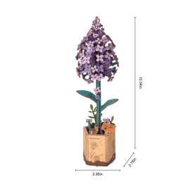 Purple flower-shaped wooden puzzle in a small box planter