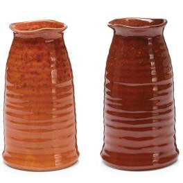 Two amber ceramic vases with ribbed sides and wavy rims