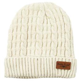 Cream knit beanie with a folded cuff and small logo patch