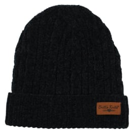 Black knit beanie with a small brown logo patch