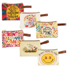 Five colorful zip pouches with floral and inspirational designs