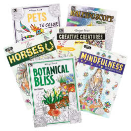 Stack of adult coloring books with floral and animal covers