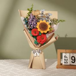 Paper bouquet with colorful wooden flowers and greenery