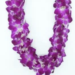 Purple orchid lei on a white background
