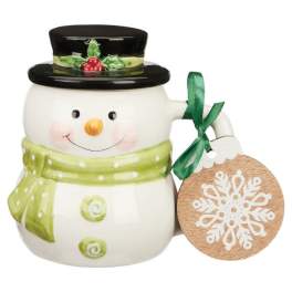 Snowman-shaped ceramic mug with a hanging wooden snowflake tag