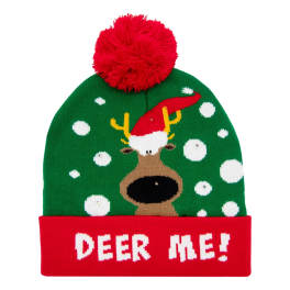 Green knit holiday beanie with a reindeer and "DEER ME!" text