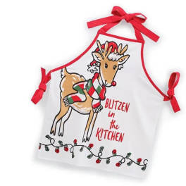 Christmas apron with a reindeer graphic and red ribbon ties