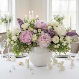 Pink and white floral centerpiece in a white vase