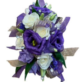 Purple and white rose bouquet with ribbon accents