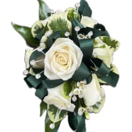 White rose bouquet with dark green ribbon and crystal accents