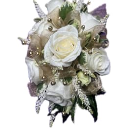White rose bouquet with gold ribbon and pearl accents