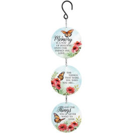 Hanging memorial plaque with butterflies and pink flowers