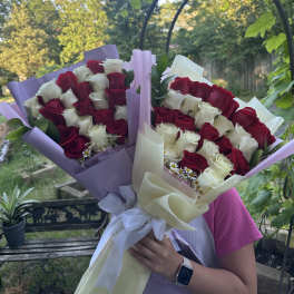 Two bouquets of red and white roses wrapped in pastel paper