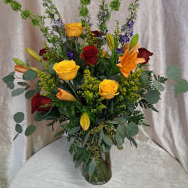 One Dozen Roses red and yellow with mix flowers