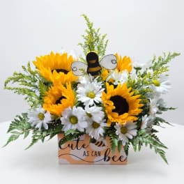 Sunflowers and white daisies in a bee-themed box with a bee decoration