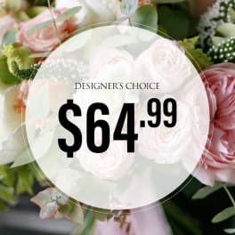 Pink and white rose bouquet with greenery and a $64.99 price overlay