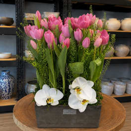 Pink tulips and white orchids arranged in a rectangular container