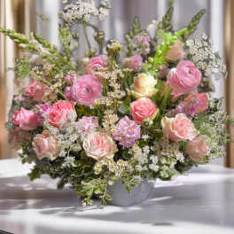 Pink and blush mixed flower arrangement in a gray vase