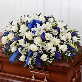 Blue & white casket spray