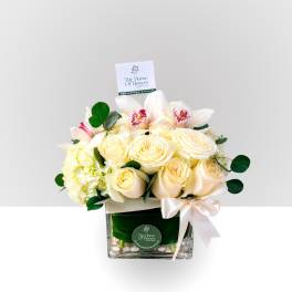 Cream roses and white orchids arranged in a square glass vase with a ribbon