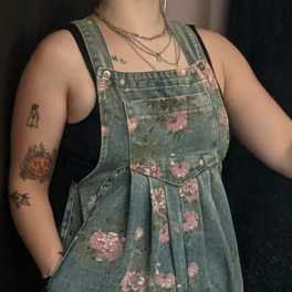 Light Denim Floral Overalls
