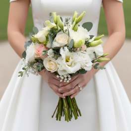 Bride holding a white bouquet with cream and pale pink roses