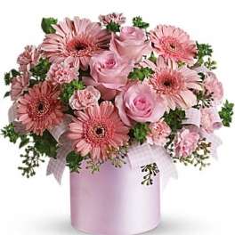 Pink roses and gerbera daisies arranged in a pink hatbox