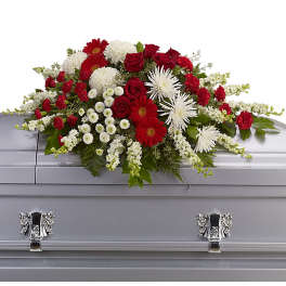 Red and white floral spray on a silver casket