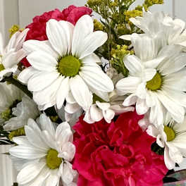 White daisies and bright pink carnations in a bouquet