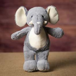 Gray plush elephant toy with cream ears and belly