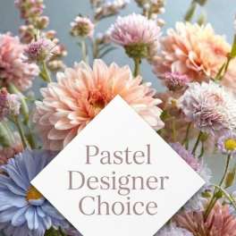 Pastel mixed flowers with a "Pastel Designer Choice" label