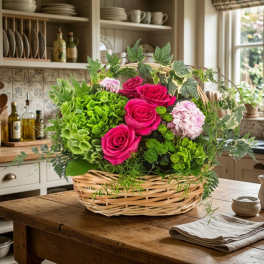 Basket arrangement of pink roses and green hydrangeas with ivy