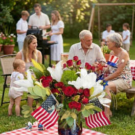 Red roses and white lilies in a glass vase with small American flags