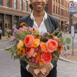 Woman holding a large bouquet of peach, pink, and purple flowers