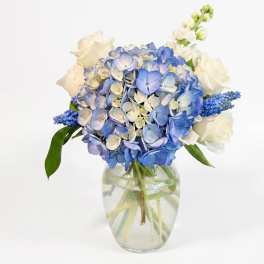 Blue and white hydrangea bouquet in a clear glass vase