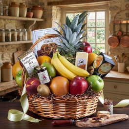 Fruit and snack basket with pineapple, bananas, apples, cookies, tea, and jam
